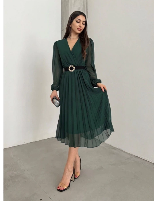 Kadın şifon Kumaş Astalı Kloş Kesim Kruvaze Yaka Midi Boy Elbise