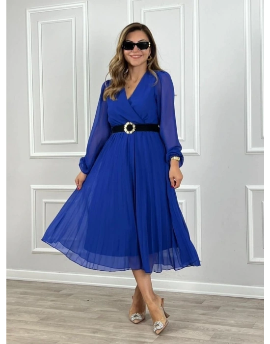 Kadın şifon Kumaş Astalı Kloş Kesim Kruvaze Yaka Midi Boy Elbise