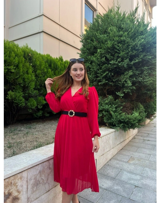 Kadın şifon Kumaş Astalı Kloş Kesim Kruvaze Yaka Midi Boy Elbise