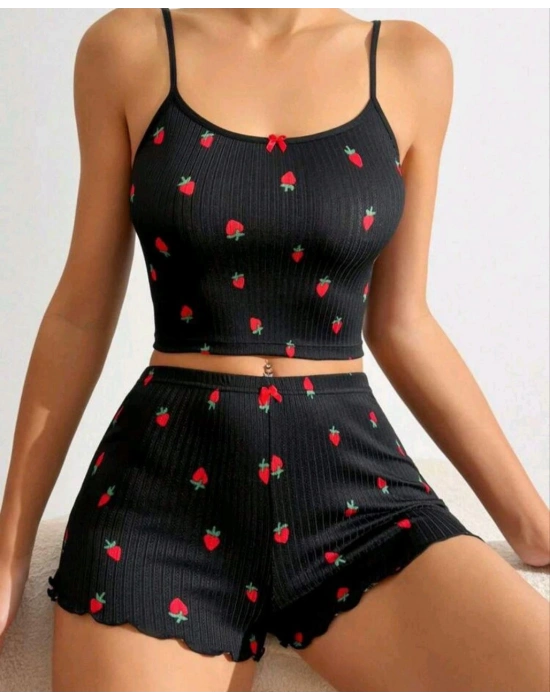 Kadın Siyah Çilek Desenli Seksi Gecelik Takım 5020