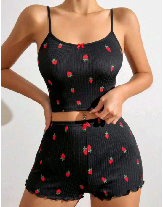 Kadın Siyah Çilek Desenli Seksi Gecelik Takım 5020