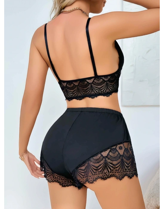 Kadın Siyah Dantel Detaylı Şortlu Pijama Takımı 5054