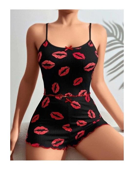 Kadın Siyah Dudak Desenli Şortlu Pijama Takımı 5057