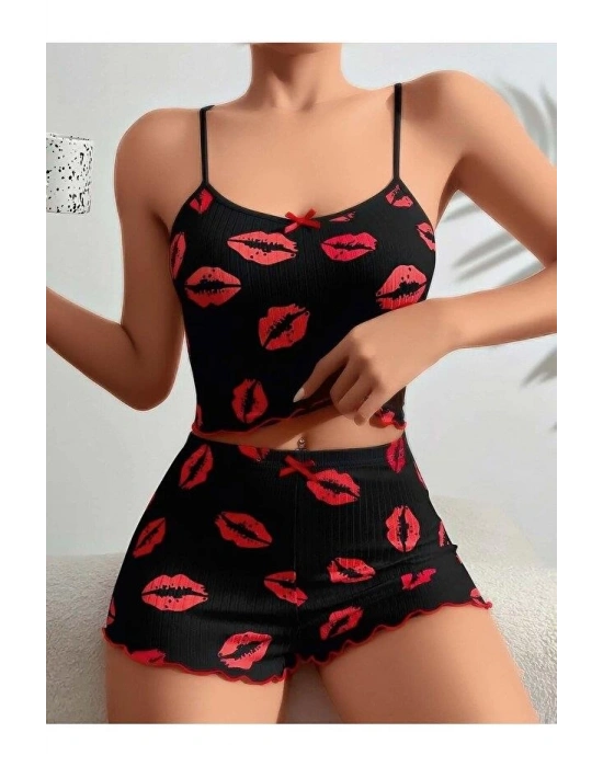 Kadın Siyah Dudak Desenli Şortlu Pijama Takımı 5057