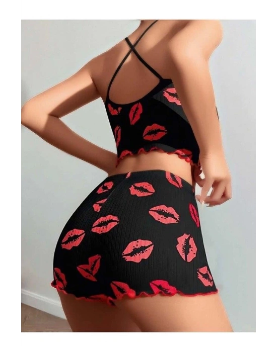 Kadın Siyah Dudak Desenli Şortlu Pijama Takımı 5057