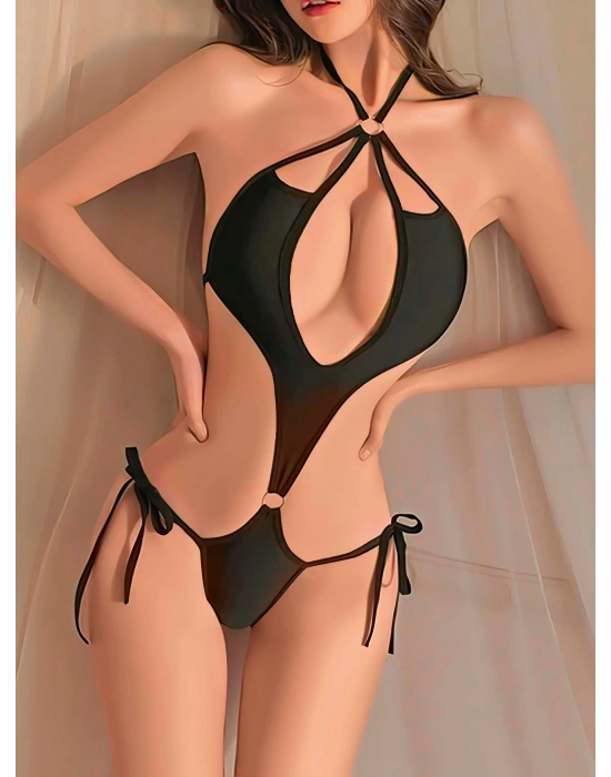 Kadın Siyah Fantezi Boyundan Bağlama Halka Detaylı Sexi Kostüm 2046