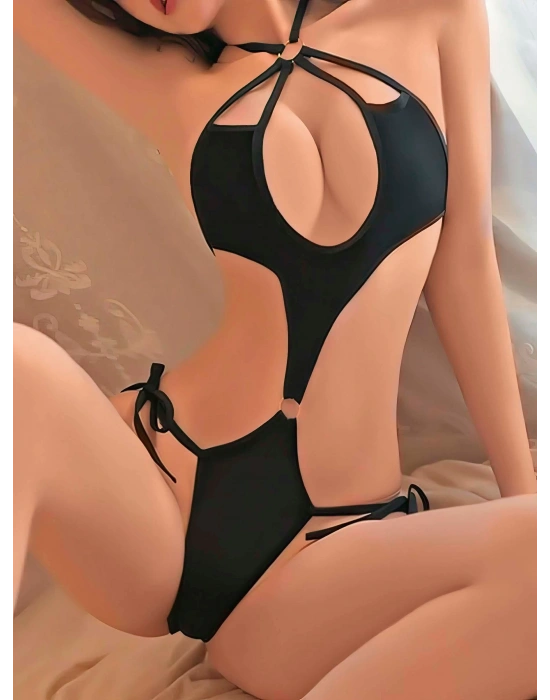 Kadın Siyah Fantezi Boyundan Bağlama Halka Detaylı Sexi Kostüm 2046