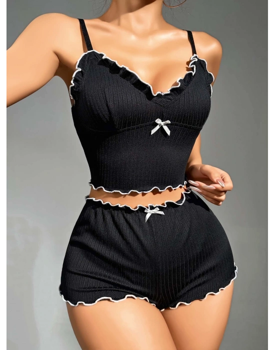 Kadın Siyah Fitilli Askılı Şortlu Pijama Takım 5042