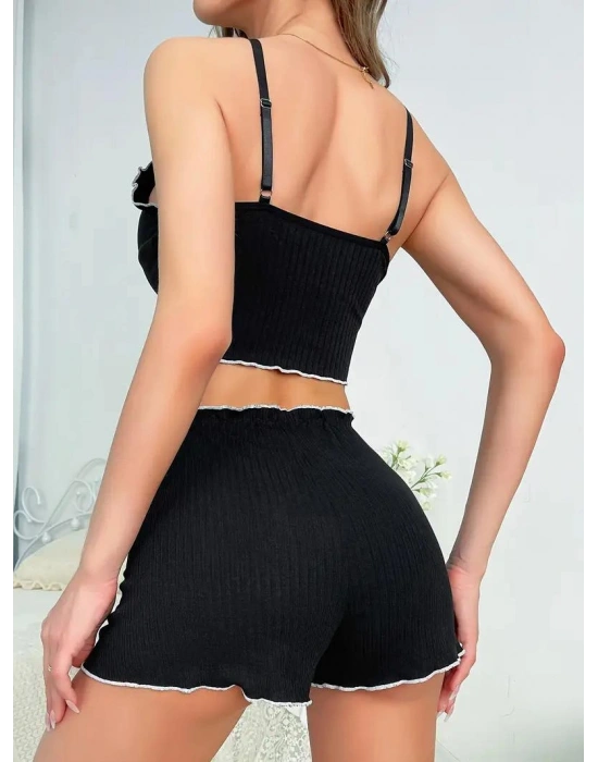 Kadın Siyah Fitilli Askılı Şortlu Pijama Takım 5042