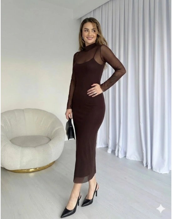 Kadın Siyah Hakim Yaka Tül Detaylı Midi Boy Esnek Elbise