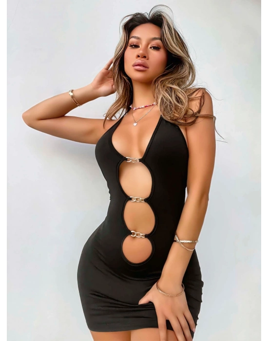 Kadın Siyah Halter Yaka  Akseusar Detaylı Boyundan Bağlamalı Fantezi Elbise 5138