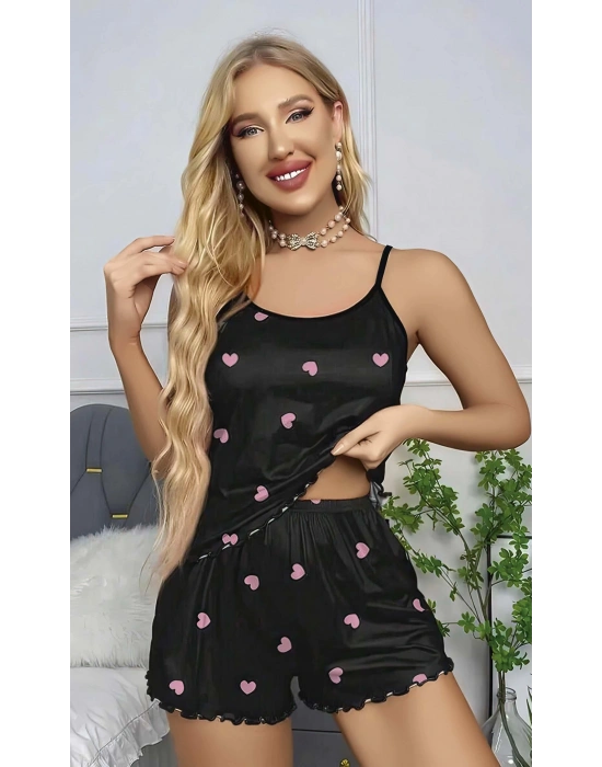 Kadın Siyah Kalp Desenli Askılı Şortlu Gecelik Takım 5018