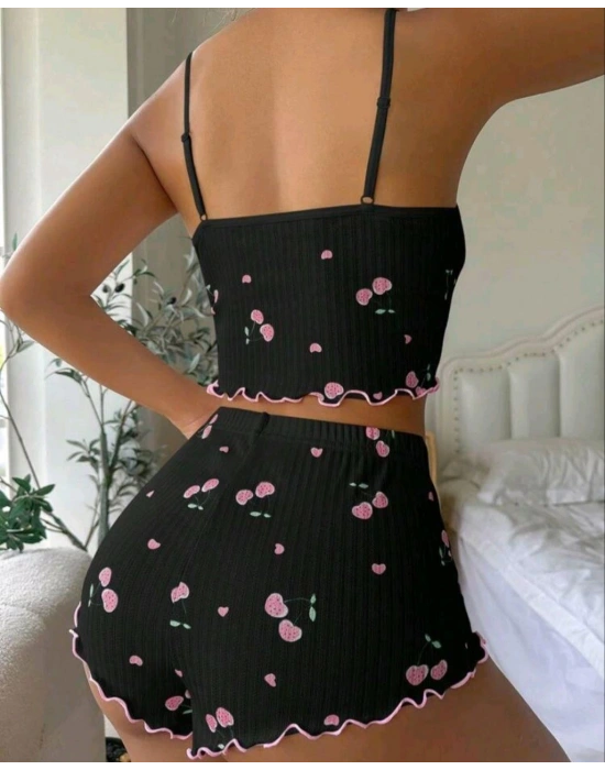 Kadın Siyah Kiraz Desenli Seksi Gecelik Takım 9003