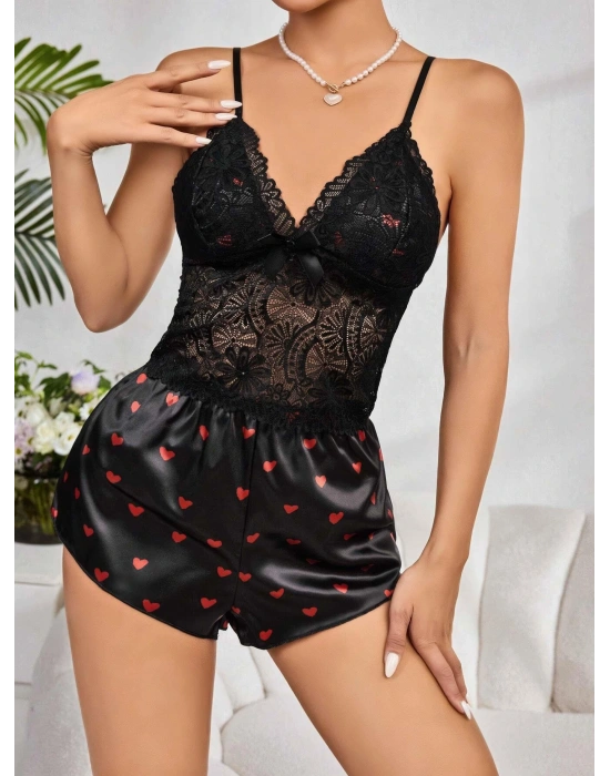Kadın Siyah Kırmızı Kalp Desenli Saten Şort Pijama Takımı 2232