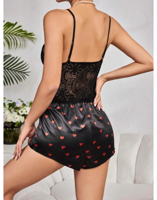 Kadın Siyah Kırmızı Kalp Desenli Saten Şort Pijama Takımı 2232