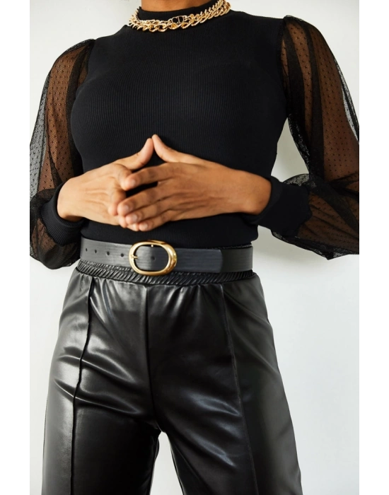 Kadın Siyah Kolu Tül Detaylı Yarım Balıkçı Kaşkorse Bluz 6160