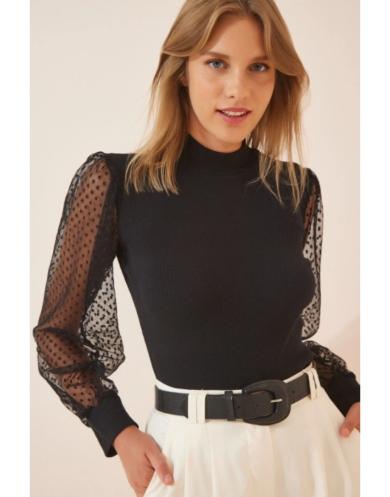 Kadın Siyah Kolu Tül Detaylı Yarım Balıkçı Kaşkorse Bluz 6160