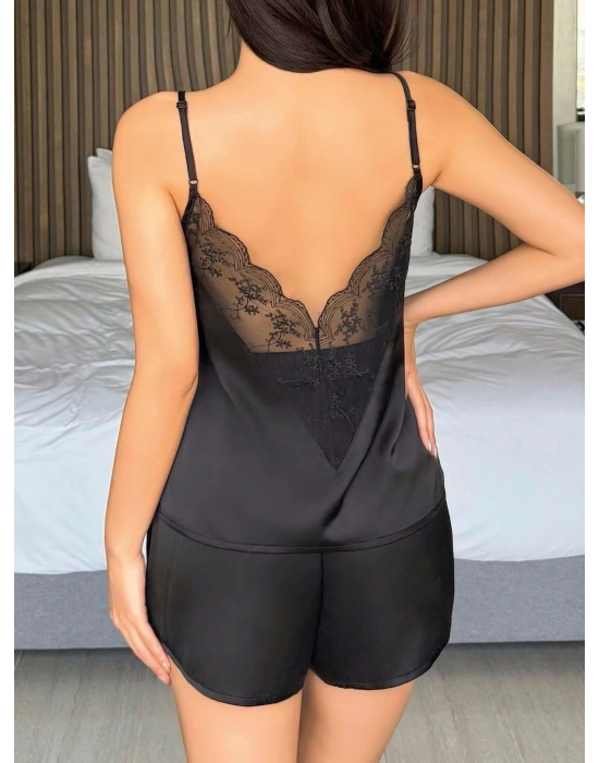 Kadın Siyah  Şort Askılı Dantel Üst Pijama Takımı 2233
