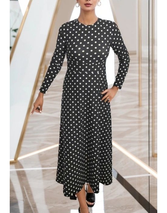 Kadın Siyah Tam Boy Beyaz Puantiyeli Elbise