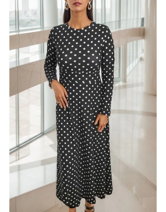 Kadın Siyah Tam Boy Beyaz Puantiyeli Elbise