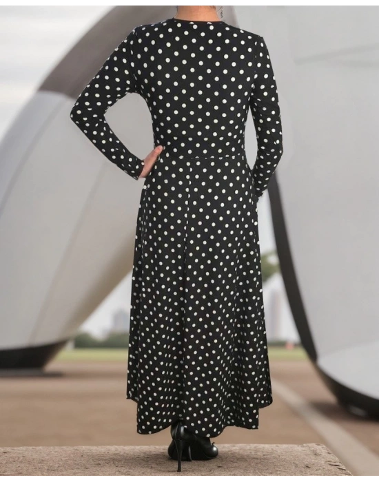Kadın Siyah Tam Boy Beyaz Puantiyeli Elbise
