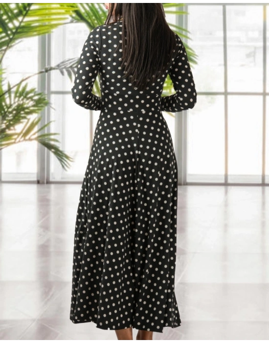 Kadın Siyah Tam Boy Beyaz Puantiyeli Elbise
