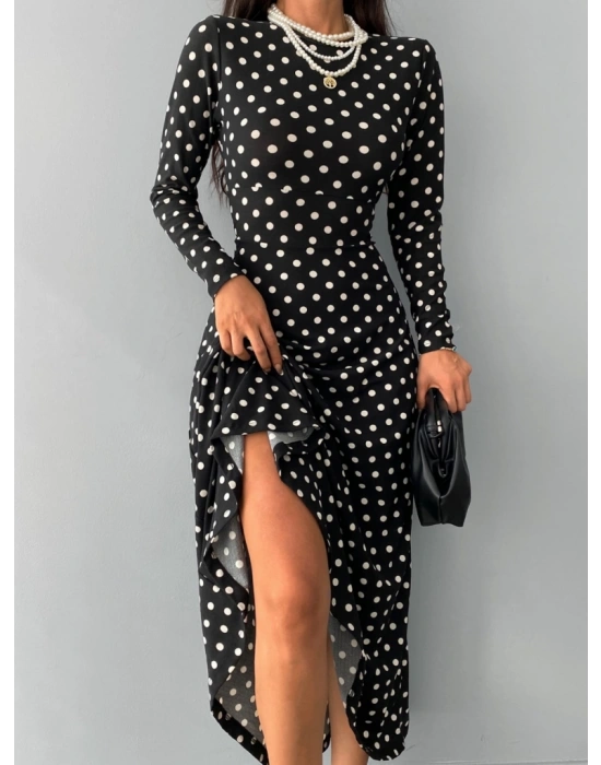 Kadın Siyah Tam Boy Beyaz Puantiyeli Elbise