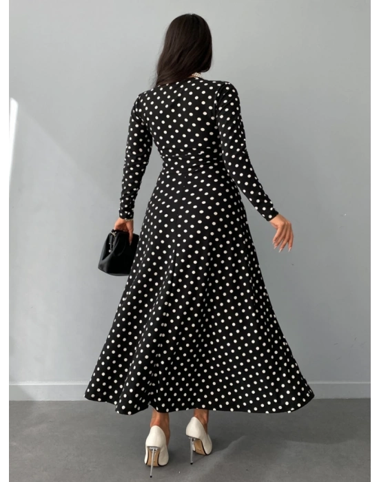 Kadın Siyah Tam Boy Beyaz Puantiyeli Elbise