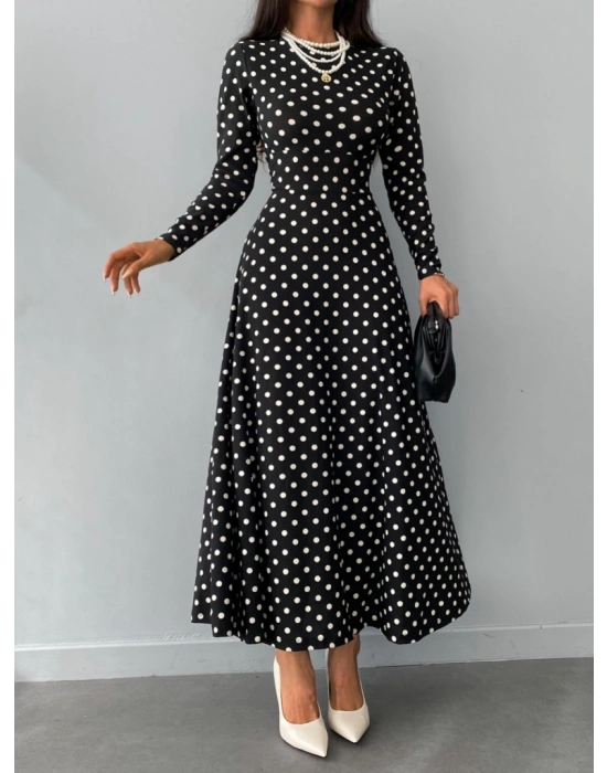 Kadın Siyah Tam Boy Beyaz Puantiyeli Elbise