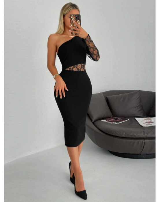 Kadın Siyah Tek Kol Dantel Detay Omuz Dekolte Krep Elbise