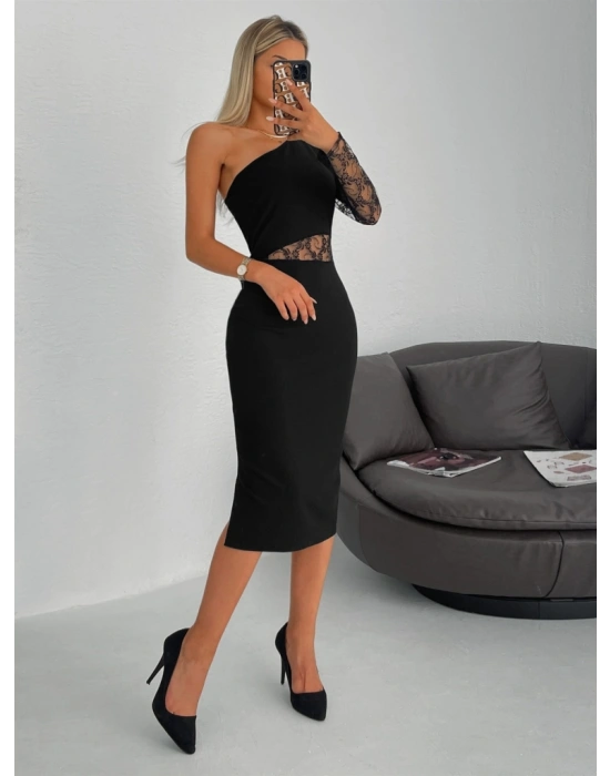 Kadın Siyah Tek Kol Dantel Detay Omuz Dekolte Krep Elbise