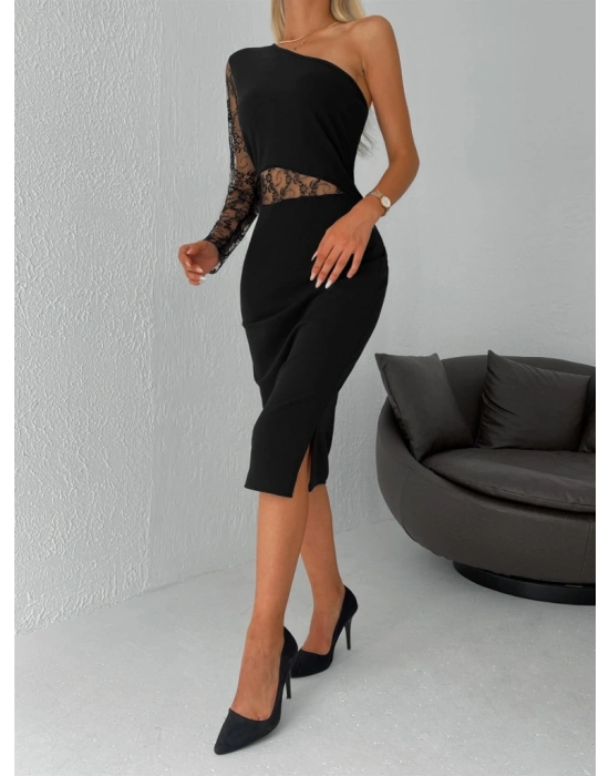 Kadın Siyah Tek Kol Dantel Detay Omuz Dekolte Krep Elbise