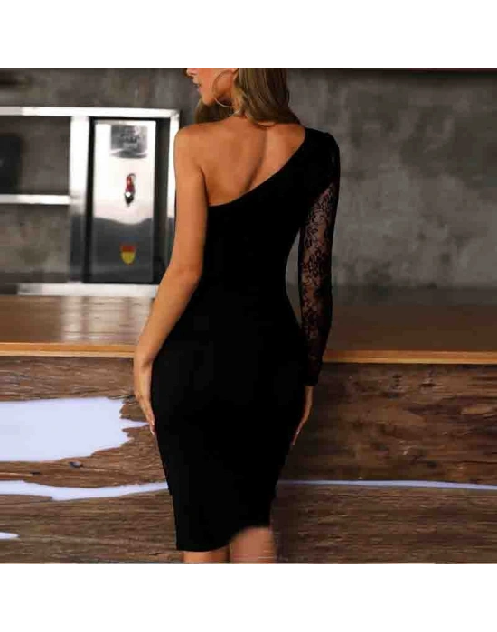 Kadın Siyah Tek Kol Dantel Detay Omuz Dekolte Krep Elbise