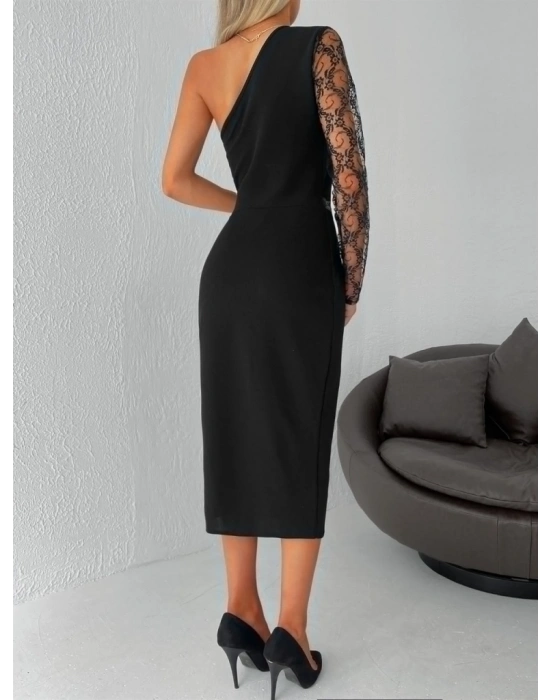 Kadın Siyah Tek Kol Dantel Detay Omuz Dekolte Krep Elbise