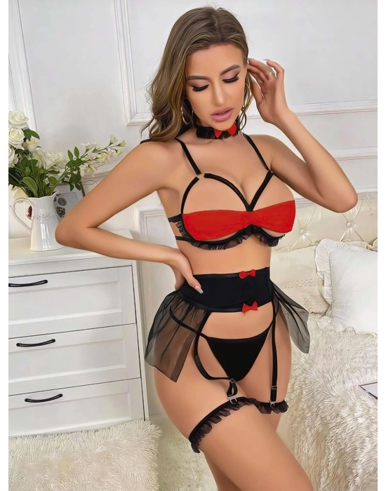 Kadın Siyah Tül Detaylı Göğüs Bandlı Fantezi Kostüm 2049