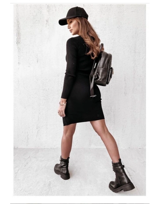 Kadın Siyah Uzun Kollu Bisiklet Yaka Yan Yırtmaç Düğme Detay Kısa Kaşkorse Elbise