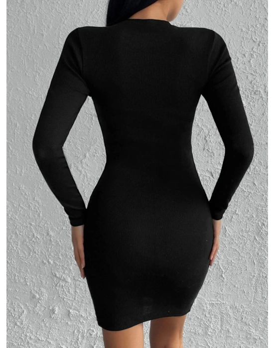 Kadın Siyah Uzun Kollu Bisiklet Yaka Yan Yırtmaç Düğme Detay Kısa Kaşkorse Elbise