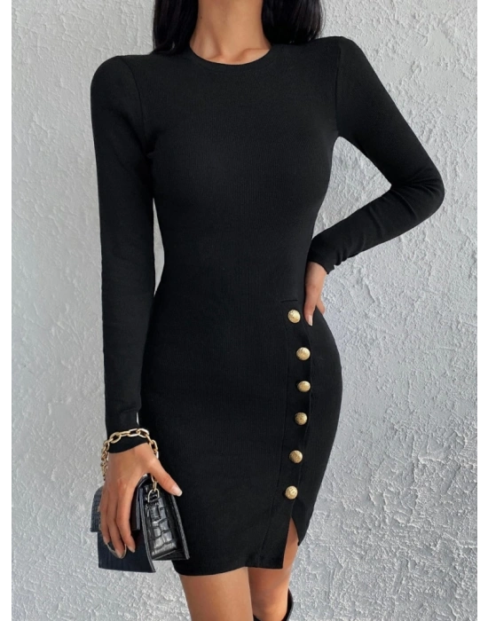 Kadın Siyah Uzun Kollu Bisiklet Yaka Yan Yırtmaç Düğme Detay Kısa Kaşkorse Elbise