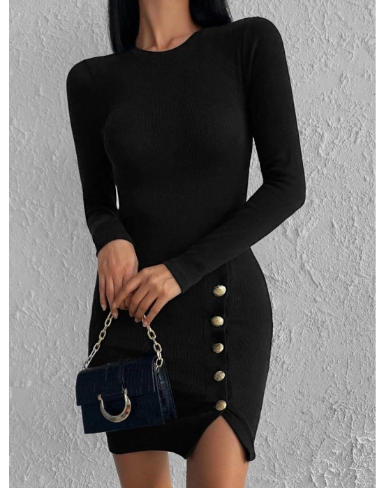 Kadın Siyah Uzun Kollu Bisiklet Yaka Yan Yırtmaç Düğme Detay Kısa Kaşkorse Elbise