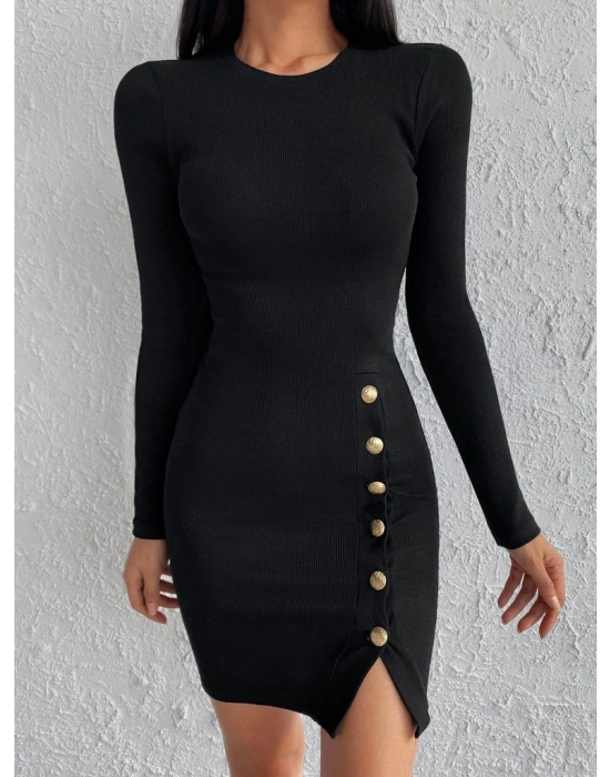 Kadın Siyah Uzun Kollu Bisiklet Yaka Yan Yırtmaç Düğme Detay Kısa Kaşkorse Elbise