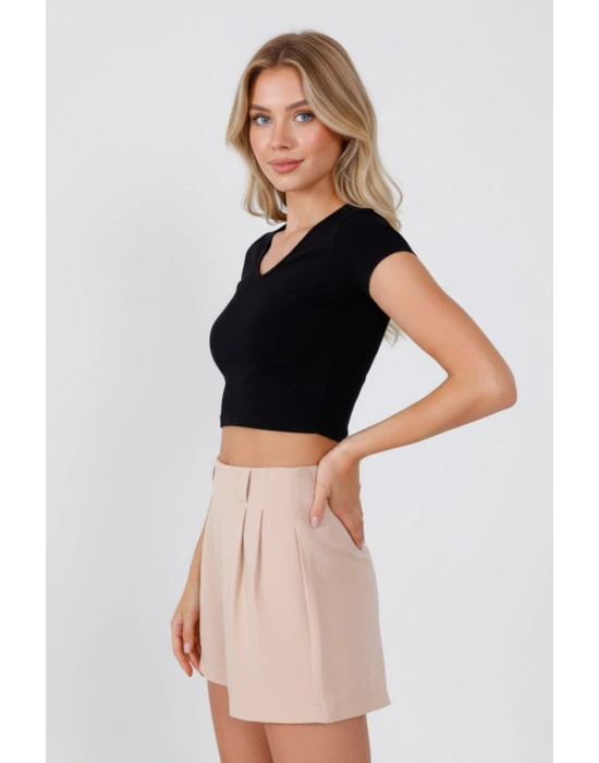 Kadın Siyah V Yaka Pamuklu Likralı Süprem Basic Kısa Kol Crop T-Shirt