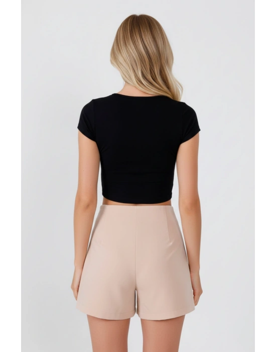 Kadın Siyah V Yaka Pamuklu Likralı Süprem Basic Kısa Kol Crop T-Shirt