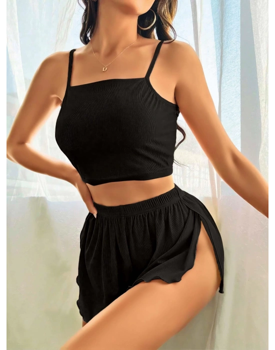 Kadın Siyah Yandan Yırtmaçlı Askılı Şortlu Pijama Takım 5041