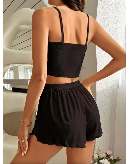 Kadın Siyah Yandan Yırtmaçlı Askılı Şortlu Pijama Takım 5041