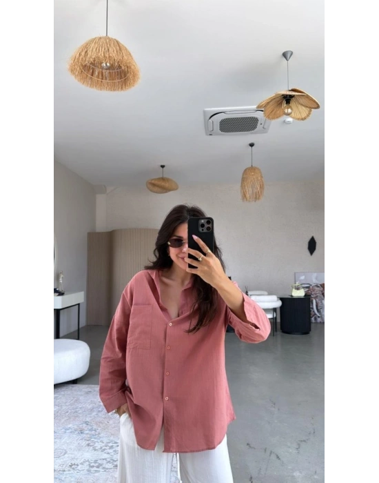 Kadın Tek Cepli Over Size Ketem Gömlek