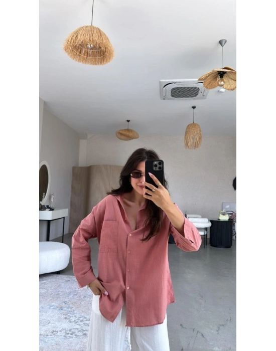 Kadın Tek Cepli Over Size Ketem Gömlek