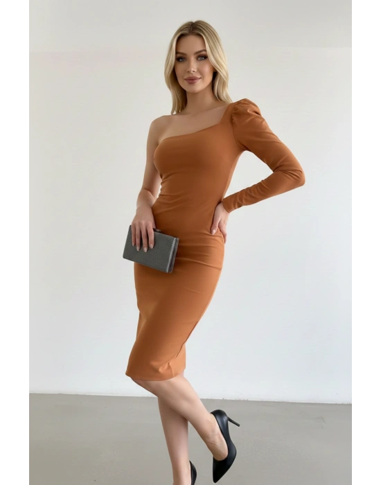 Kadın Tek Kol Midi Boy Krep Kumaş Elbise