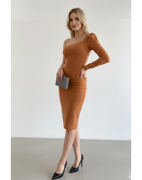 Kadın Tek Kol Midi Boy Krep Kumaş Elbise