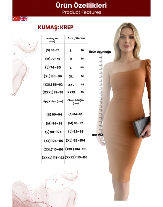 Kadın Tek Kol Midi Boy Krep Kumaş Elbise