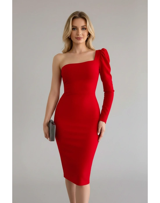 Kadın Tek Kol Midi Boy Krep Kumaş Elbise